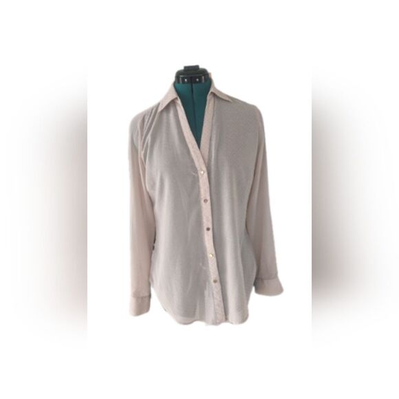 Vtg Cache Cream Brown Sheer Long-sleeve V-neck Blouse W/ Golden Dot Deta… - Picture 1 of 6